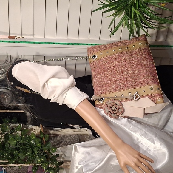 Brighton Josette Pink Tweed and Tan Patent Leather Women's  Handbag Tote Bag - Picture 3 of 14